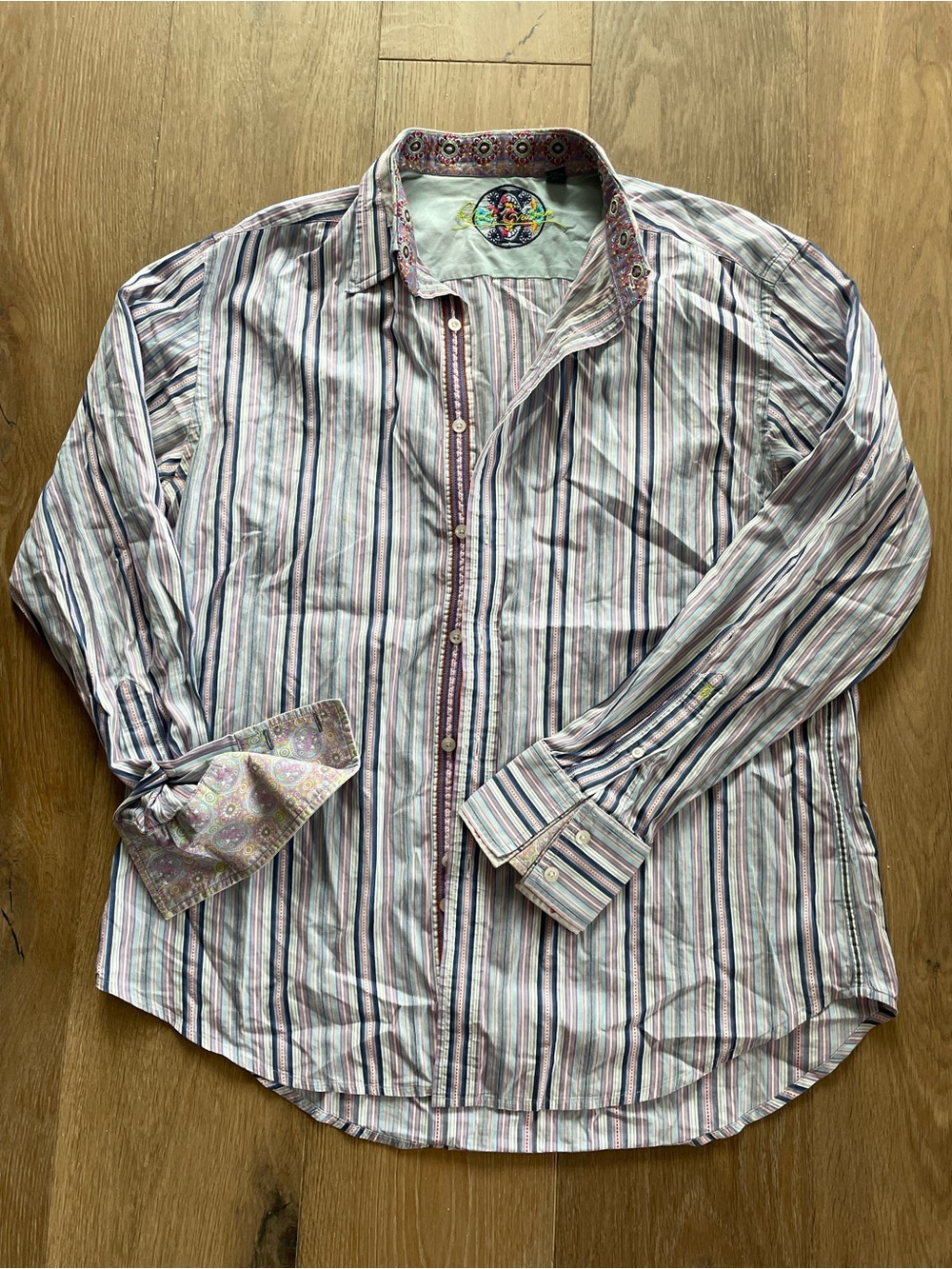 Robert Graham Multicolor Striped Button-Up Shirt Paisley Accents Embroidered